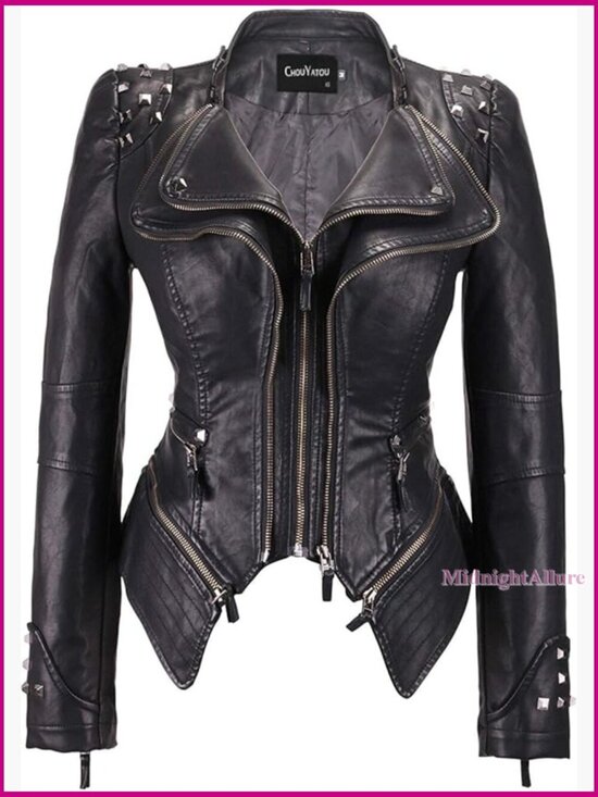 Jackets & Blazers - Faux Leather Moto Jacket with Studs, Detachable Hem, Fitted Waist